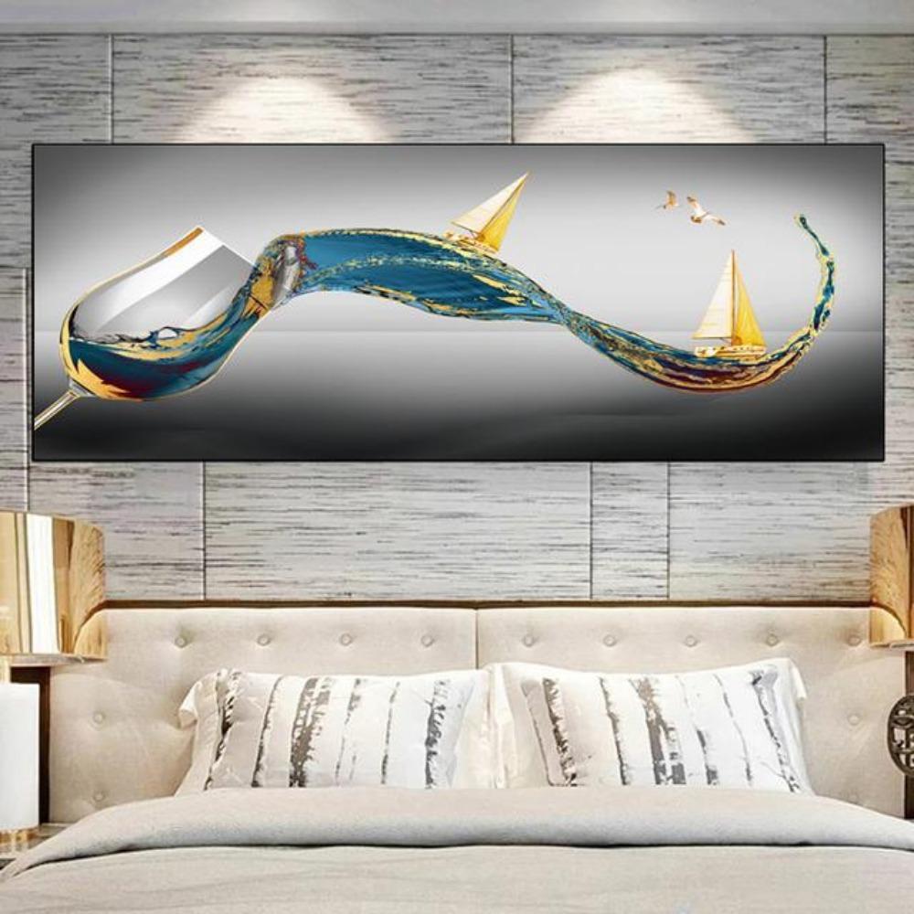 Modern Abstract Golden Wine Glass Boat Canvas Painting Posters and Prints Wall Picture for Living Room Home Decor No Frame
