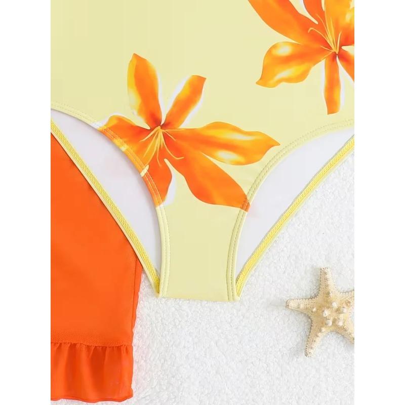 Badeanzug für Mädchen (Tween) mit Blumendruck, 2-teilig, Sommer-Badebekleidung für Urlaub & Strand, Kinder-Mädchen-Badeanzug, Farbe Orange, 8 Jahre bis 12 Jahre