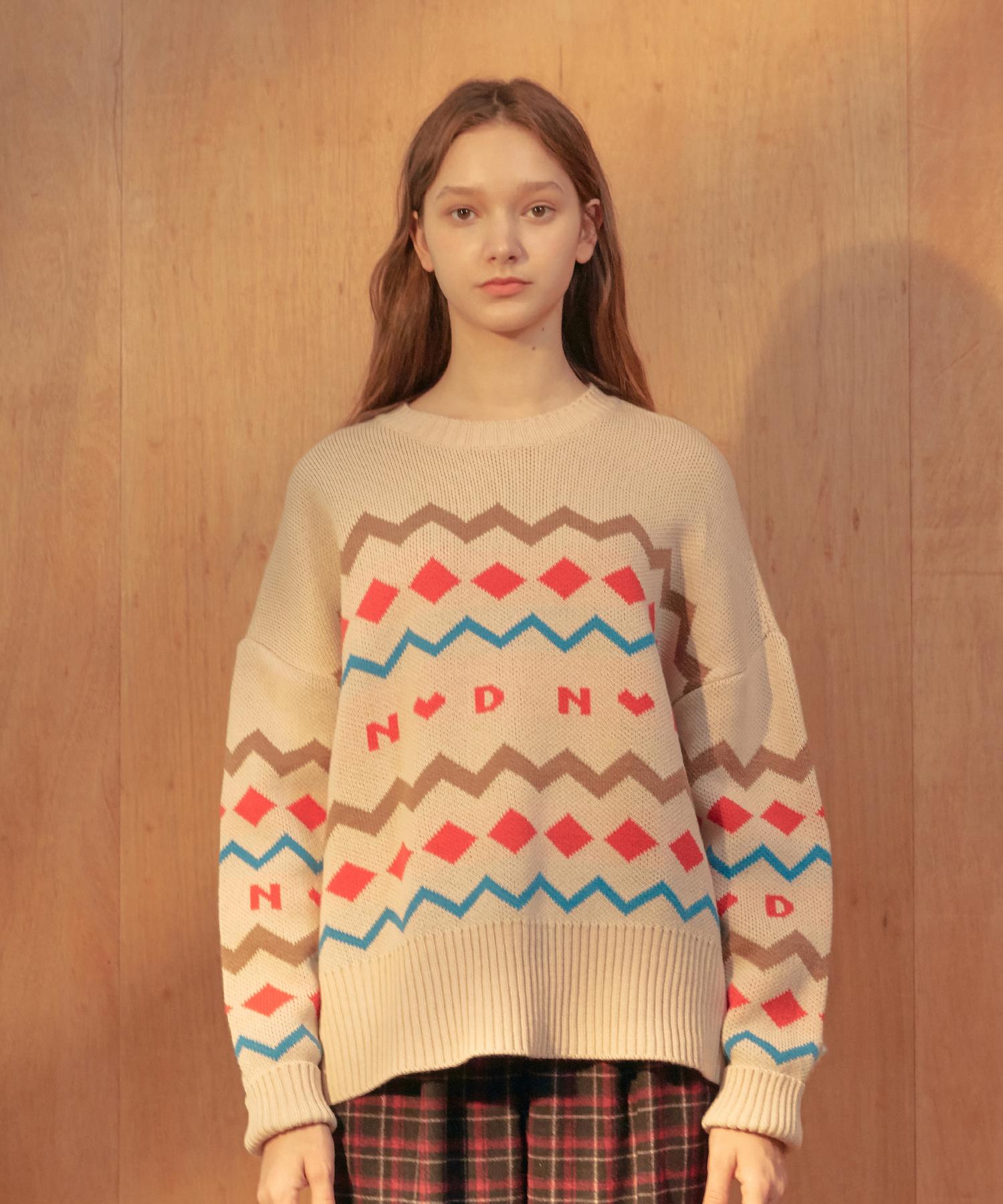 Near And Dear N&D Zigzag Knit Top [Beige] Beige/Free