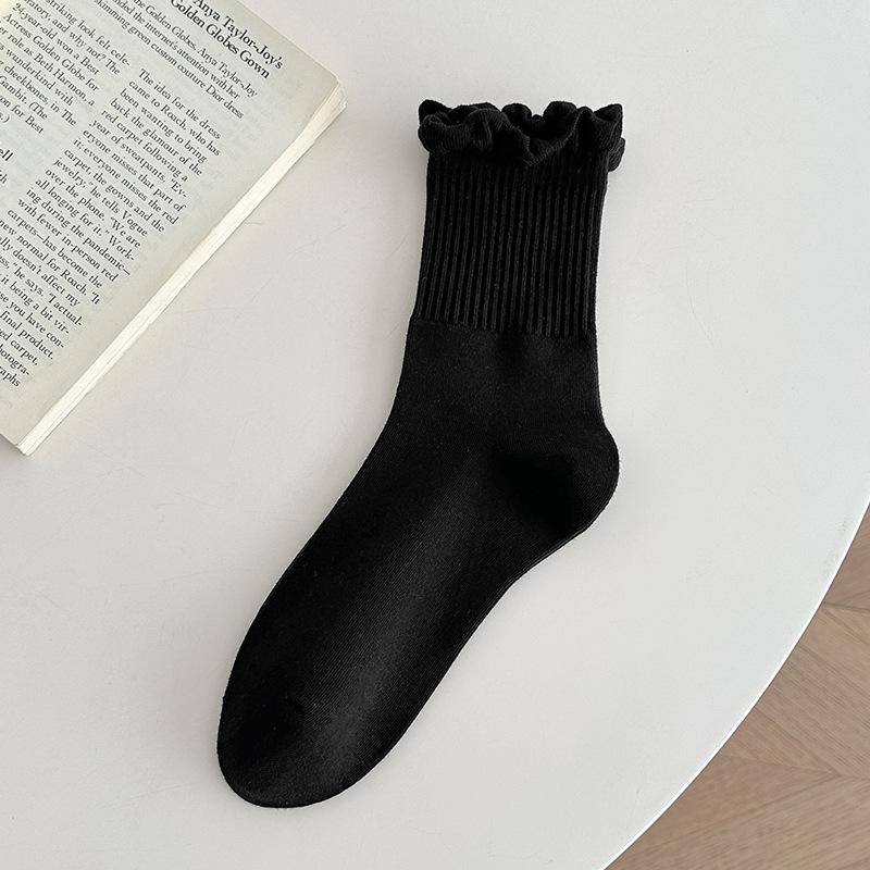 

Женские весенне-осенние однотонные носки из хлопка с ажурным кружевом Агилла в рубчик 1 pair чёрный