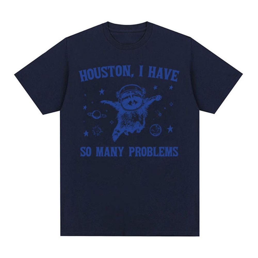 Grappig Retro Houston I Have So Many Problems Meme T-shirt Wasbeer in de Ruimte Grappig T-shirt Heren Dames Esthetisch T-shirt
