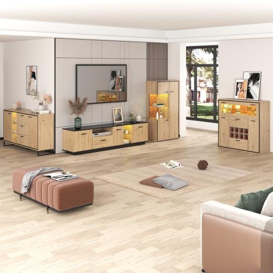 Elegant Wine Cabinet Spacious Countertop Sideboard with Double Doors 2 Drawers Glass Shelf Kitchen Holder Particle Board Bar Storage Buffet