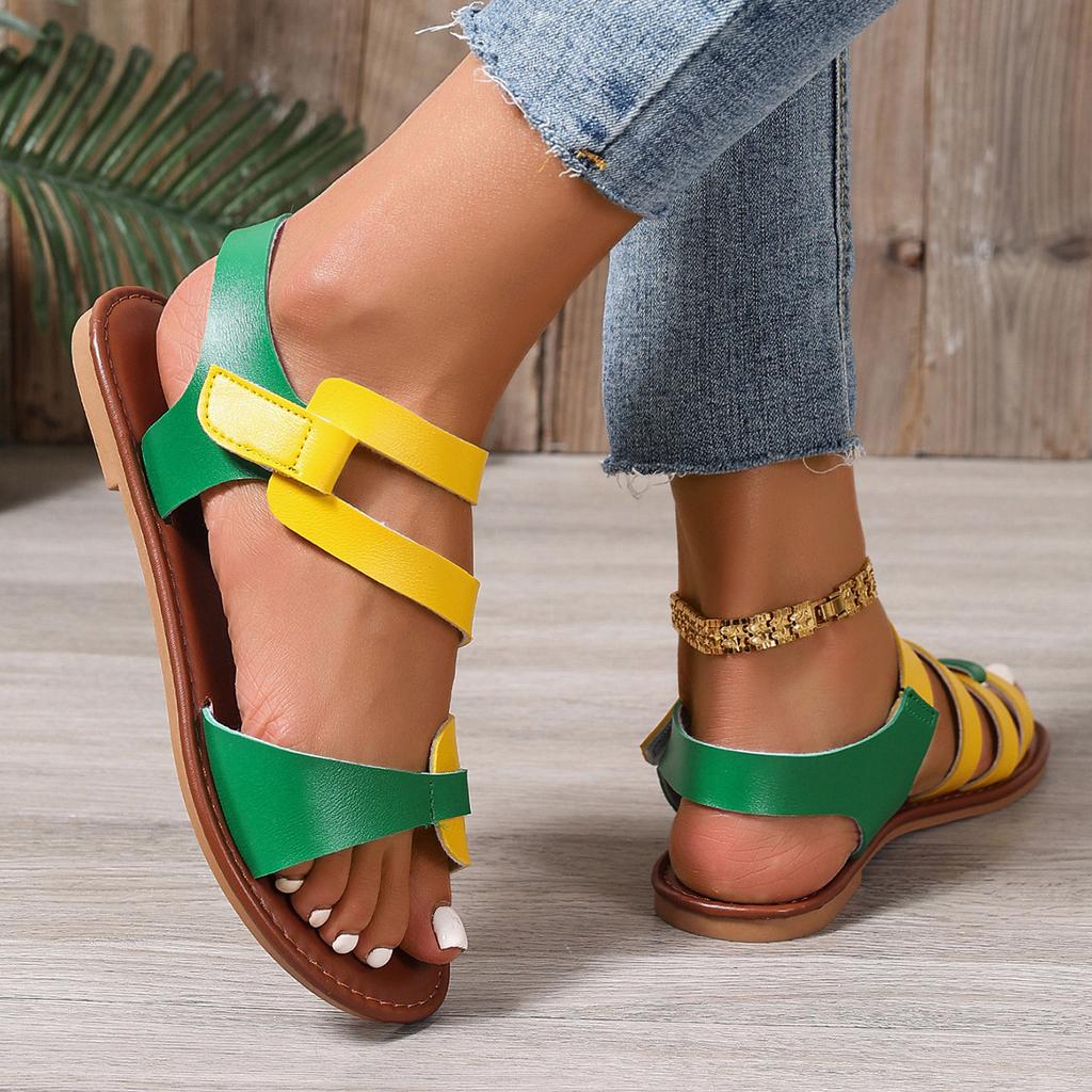 Fashion Large size flat sandals women 2025 new European and American color one word hollow out beach Roman sandals