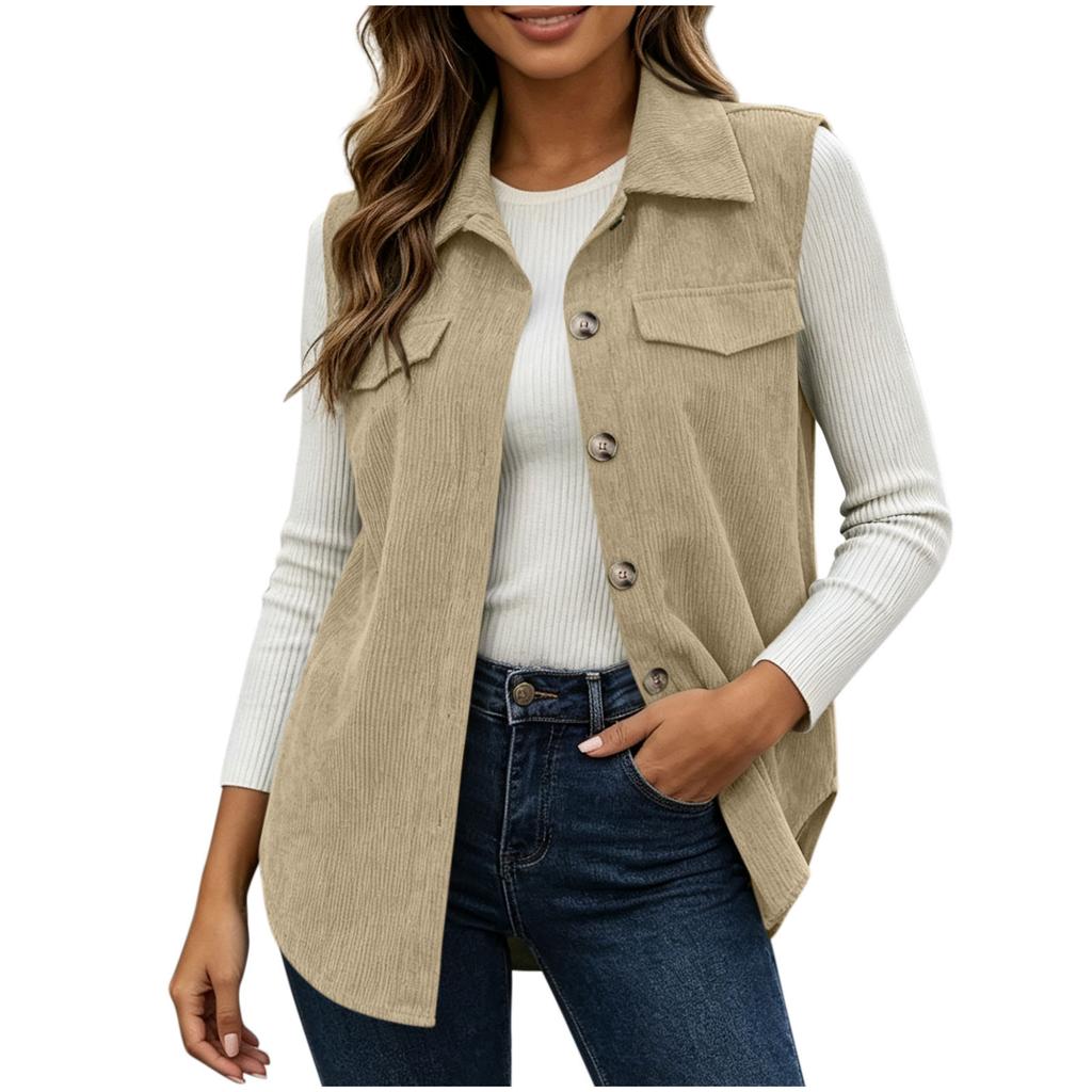 Women's Corduroy Lapel Collar Sleeveless Vest for Casual Commute