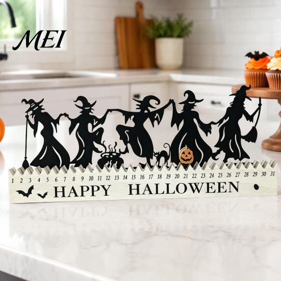Halloween Gift for Kids Wooden Countdown Calendar, Dancing Witch 31 Day Timer with Advent Calendar Sliding Pumpkin, Spooky Silhouette Tabletop