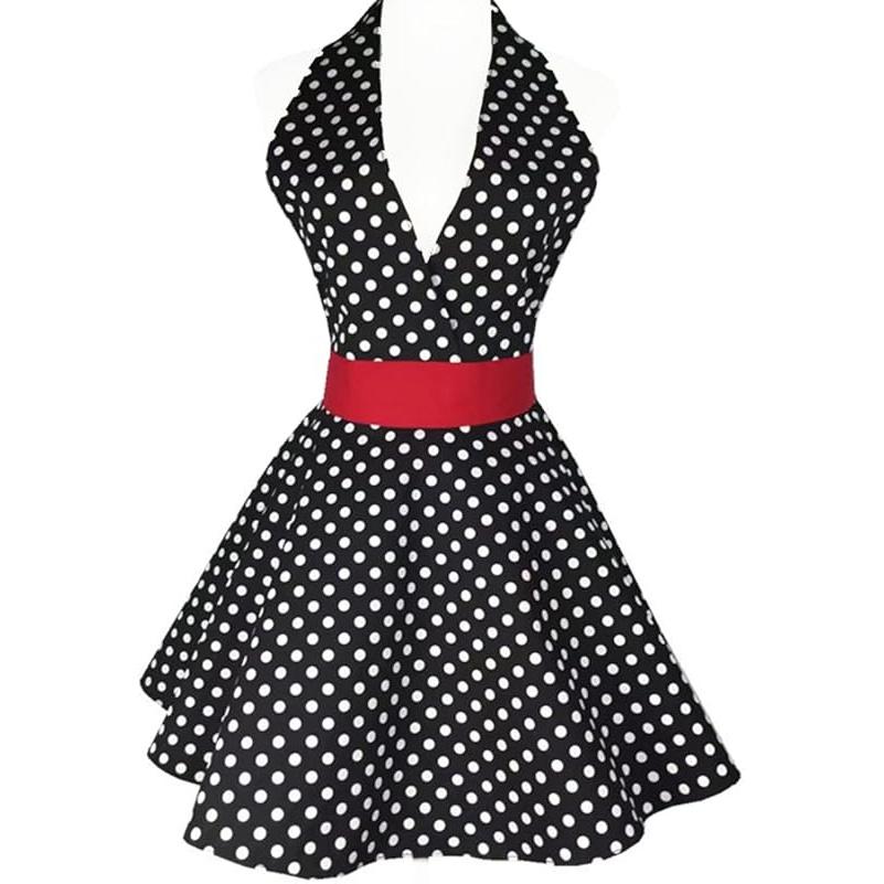 Hyzrz Lovely Retro Aprons for Women Cute Adjustable Cotton Sexy V-Necked Polka Dot Apron Classic Big Wave (Small Black Polka Dot) Small Black Polka Dot