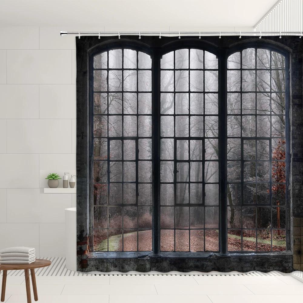 Set Tende da Doccia Finestra Retrò Foresta Autunnale Cascata Strada Vintage Fiore Pianta Architettura Moderna Paesaggio Schermi per Bagno