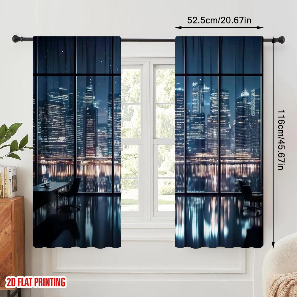2pcs,2D plane printing Curtains Roller Blinds Cityscape Reflection Versatile Polyester (without rod) Festive Use for Bedroom,