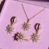 Vintage Romantic Sweet Purple Zircon Sun Flower Necklace Bracelet Ring Earring for Women Lady Jewelry Set Accessories Party Gift