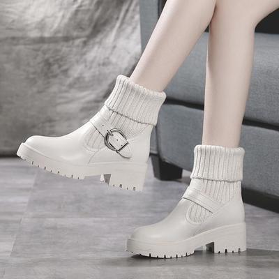 Sapatos da moda para mulheres Moda inverno Tricô Veludo Ankle Boots Mulheres Coreano Lace-up Plataforma Botas Quentes Botão Quadrado Botas De Mujer