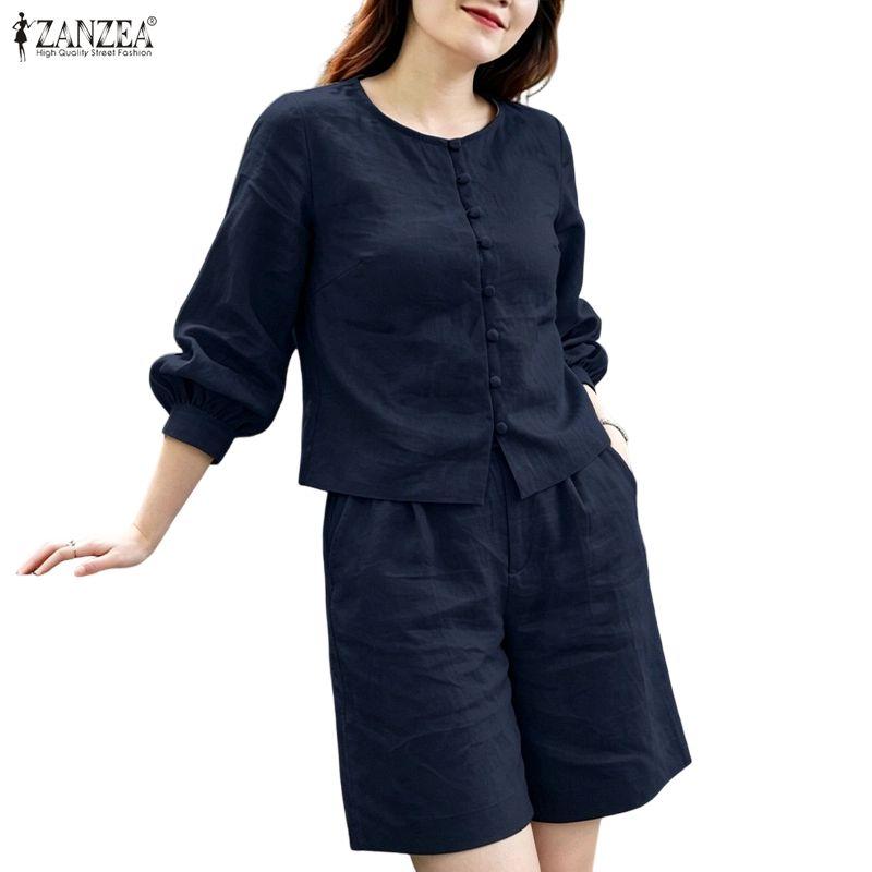 ZANZEA Damen Langarmbluse und Shorts Sommer Zweiteilige Anzugsets