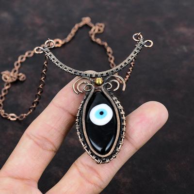 Black Color Evil Eye Necklace Copper Wire Wrapped Necklace Handmade Gemstone Jewelry Adjustable Necklace Very Pretty Copper Jewelry For Gift