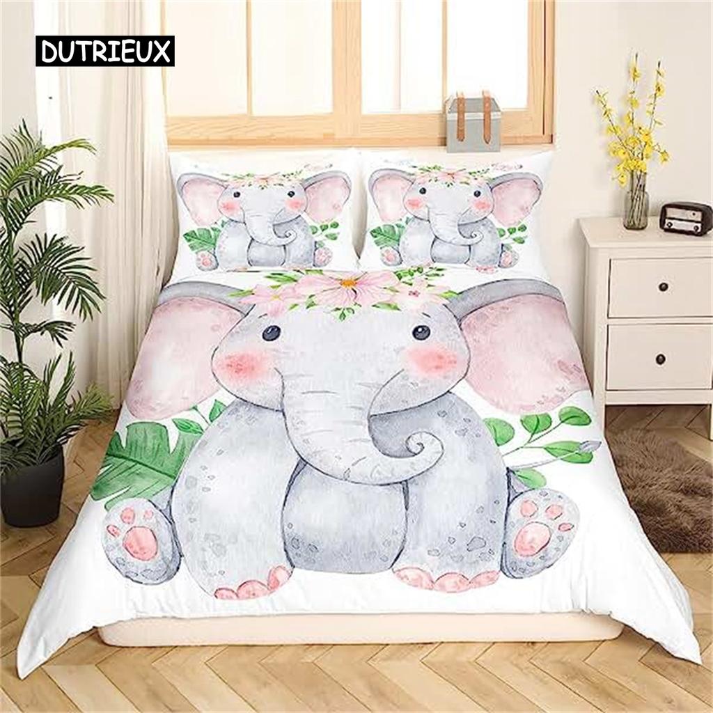 Husă plapumă elefant din desene animate Animal drăguț Fete băieți Decor camera Kawaii Ramuri cu flori Husă pilotă elefant din desene animate Violet Albastru