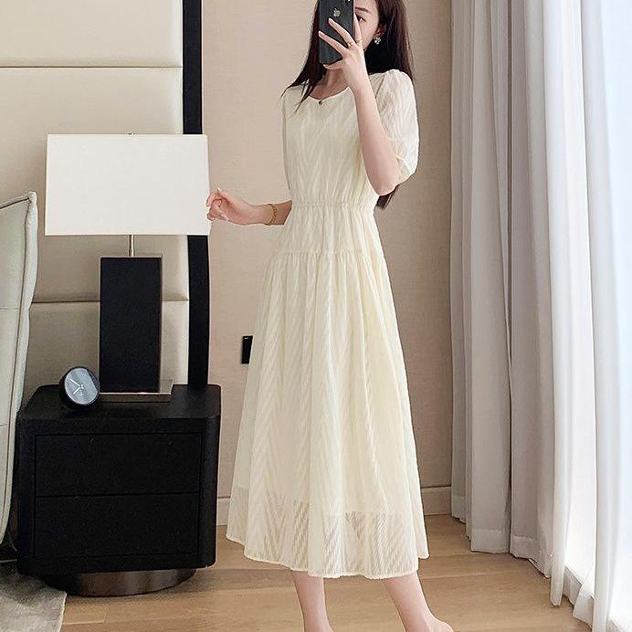 Elegant Mid-Length Chiffon Dress - Summer 2025, Round Neck, Slimming, Flattering Fit