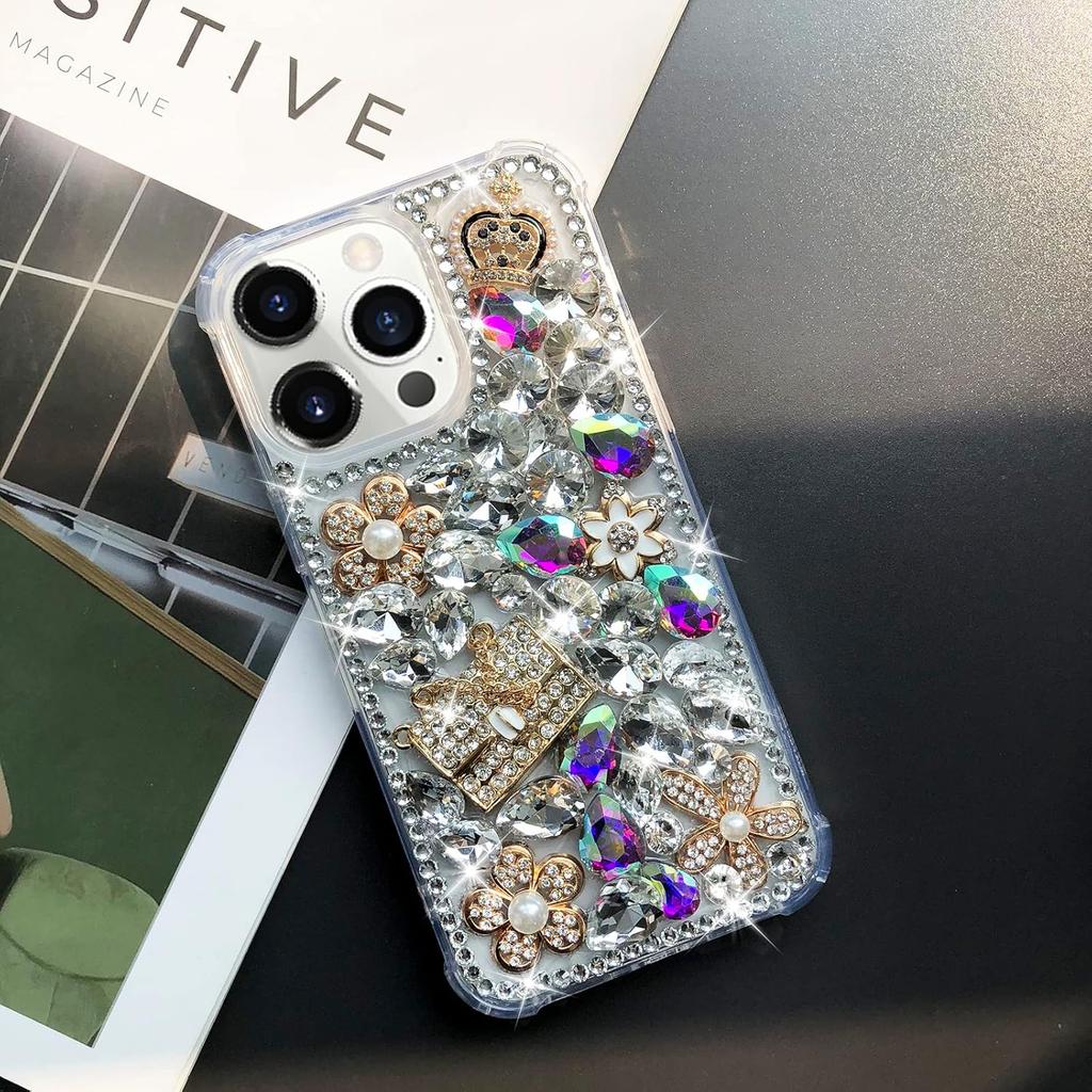 Compatible with iPhone 16 Pro Max Case Cute Bling Glitter 3D Rhinestone Diamond for Women Girls Crystal Girly Handmade Flower Gem Fashion Luxury