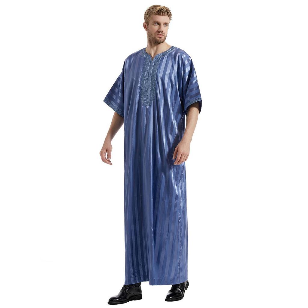 Loose Solid Color Button Thin Mid-Length Simple Arabic Robe Men Ethnic Style Muslim Robe Short-Sleeved Plus Size