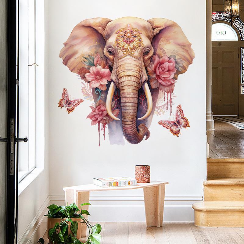 Large Watercolor Elephant Decals Tropical Rainforest Animal Wall Stickers Kid's Room Wall Decoration Self Adhesive
