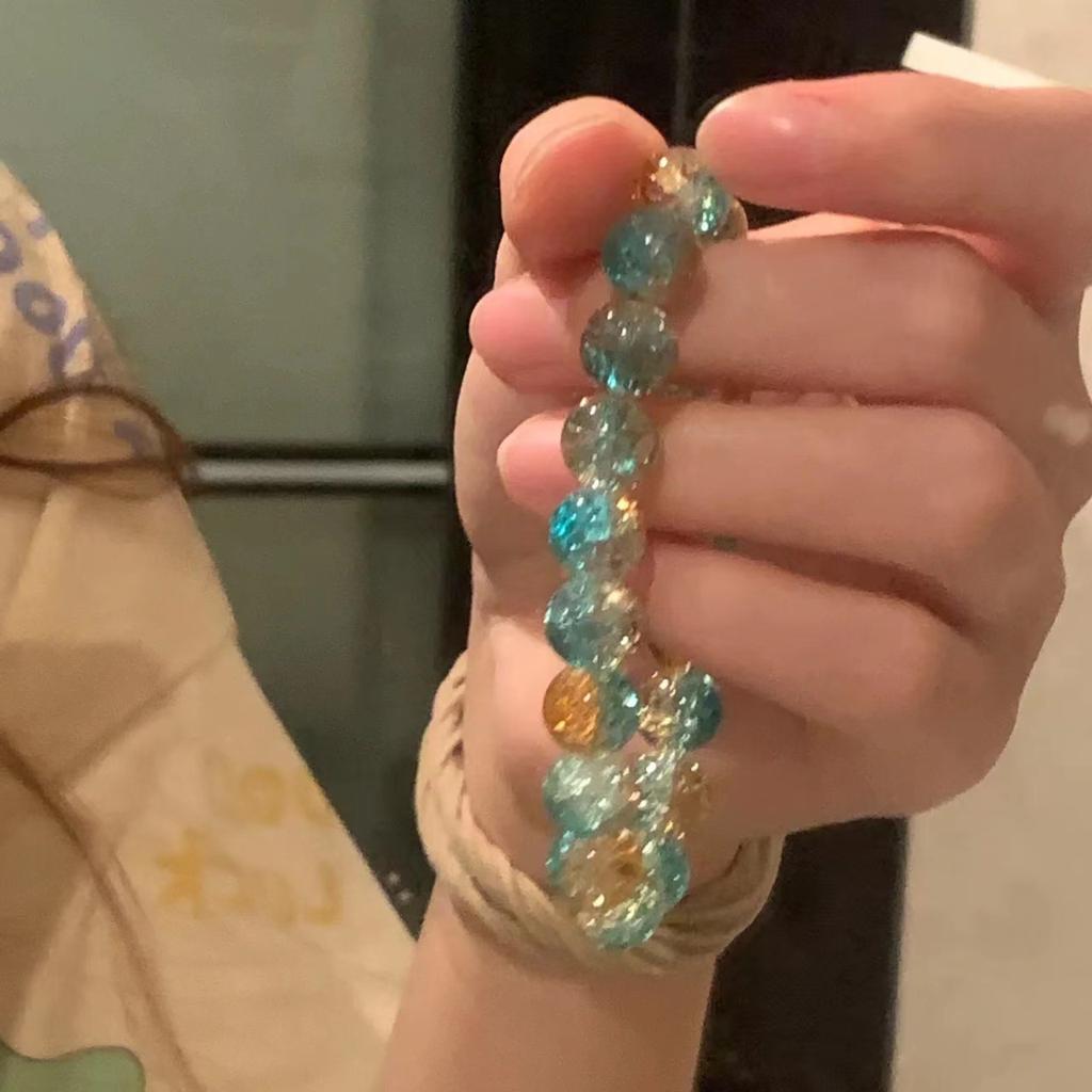 Aquamarine Camellia Beaded Elastic Bracelet Women's Forest Style Traditional Chinese Style Exquisite Bracelet Colorful Pink Mist High-End Bracelet