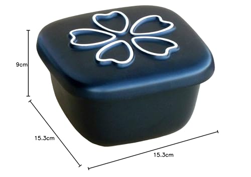 Large, Square Ceramic Rice Container with a Cherry Blossom Pattern, Black, Approximately 2 Cups, Microwave Safe