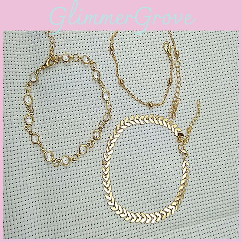 Ensemble de 3 pièces de cheville exquise d'été pour la plage, chaîne chevrons, cristal zircon