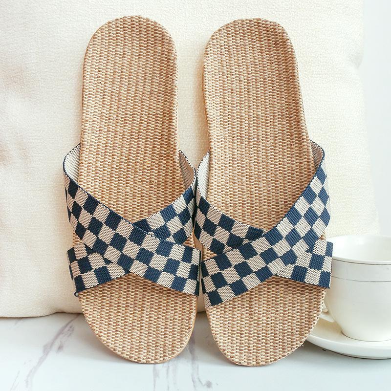 

2025 новые четырехсезонные льняные тапочки для дома с мягкой подошвой, домашние тапочки на весну и осень с перекрестным ремнем в корейском стиле 44-45 тёмно-синий