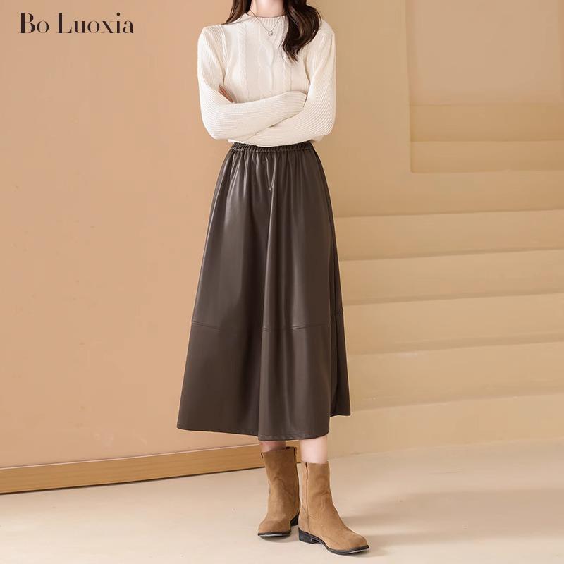 Hepburn Style A-Line Matte PU Leather Skirt: Retro Mid-Length, Elastic Waist, Large Swing, Autumn/Winter