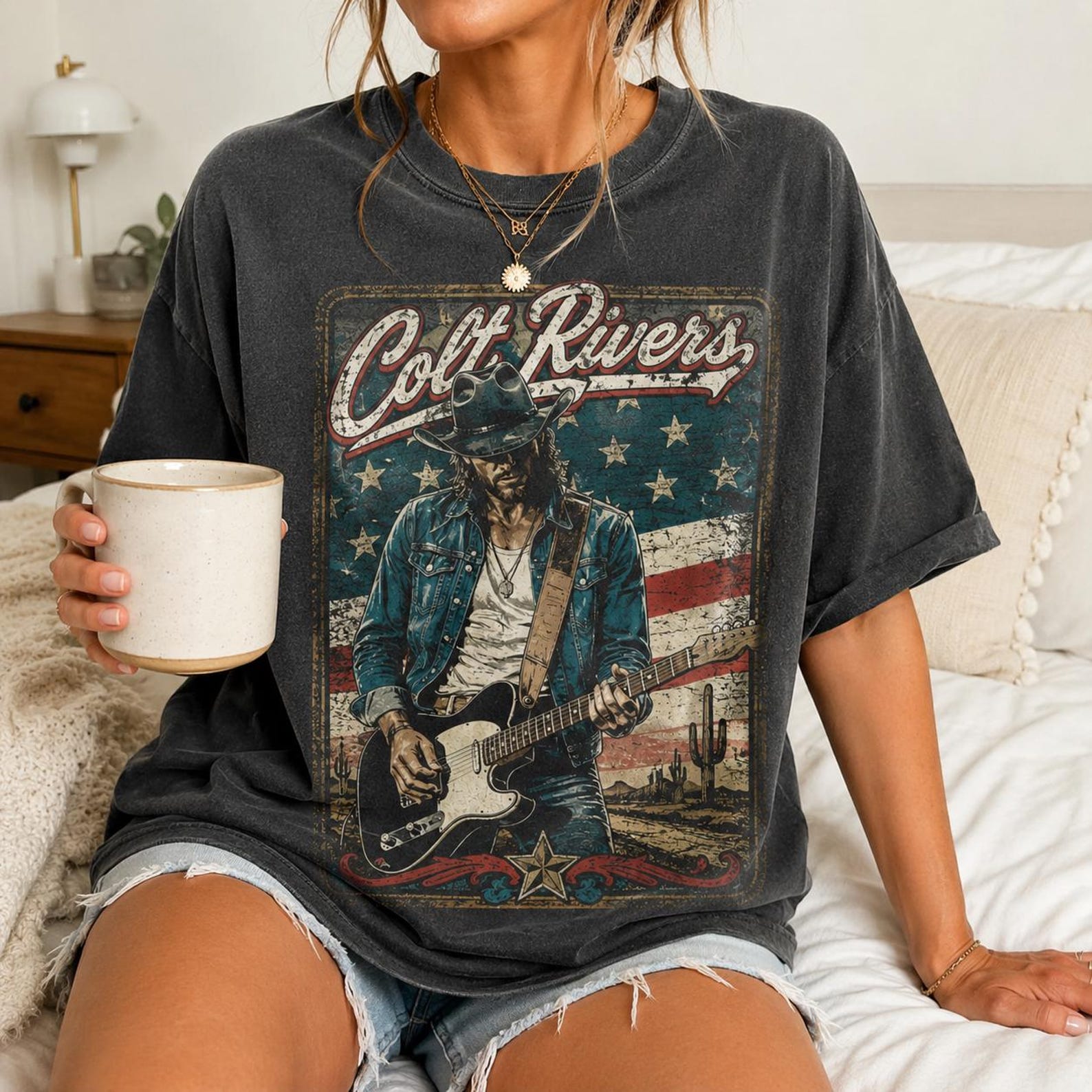 Colt Rivers Country Guitar T-Shirt, Vintage Western Music Tee, Americana Concert Apparel 3XL