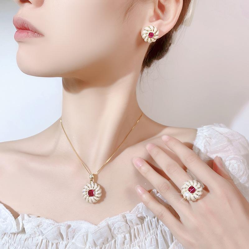 Jewelry Set Ornaments Stud Earrings Necklace Ring Luxury Vintage Court Enamel Square Women