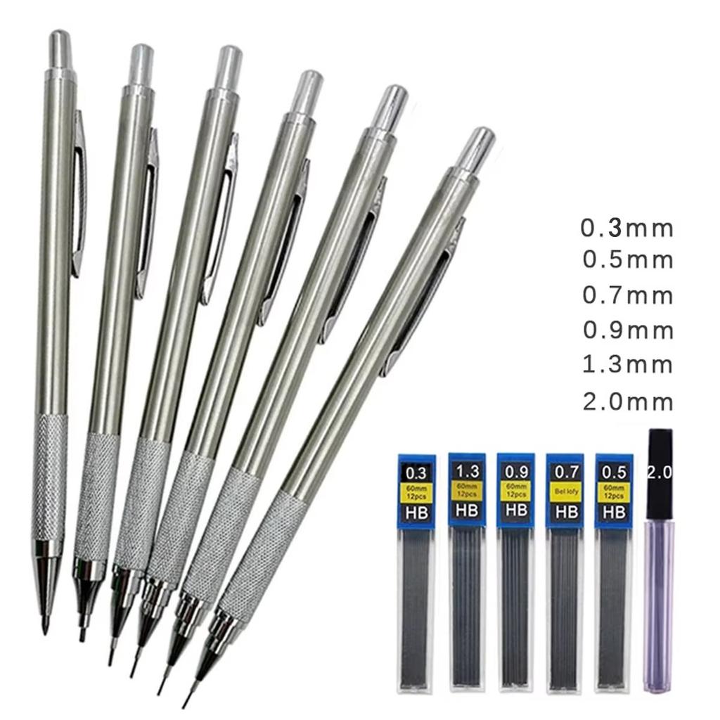 11Pcs/set All Metal Mechanical Pencils 0.3, 0.5, 0.7, 0.9, 1.3 2.0Mm Lead Refills Art, Writing, Sketching Retractable Design