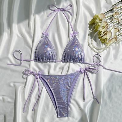 Purple Shiny Bow Swimwear Sexy String Halter Micro Bikini Thong Swimsuit Woman 2026 Bathing Suit Triangle Bikinis Sets