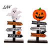Halloween Atmosphere Props Wooden Sign Decoration, DIY Ghost Pumpkin Bat Tabletop Ornament with Indoor Festive Decor Spooky Slogans, Rustic