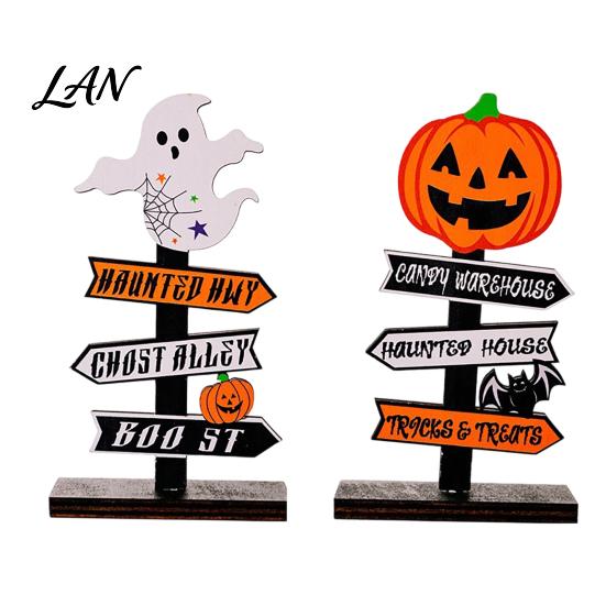 Halloween Atmosphere Props Wooden Sign Decoration, DIY Ghost Pumpkin Bat Tabletop Ornament with Indoor Festive Decor Spooky Slogans, Rustic