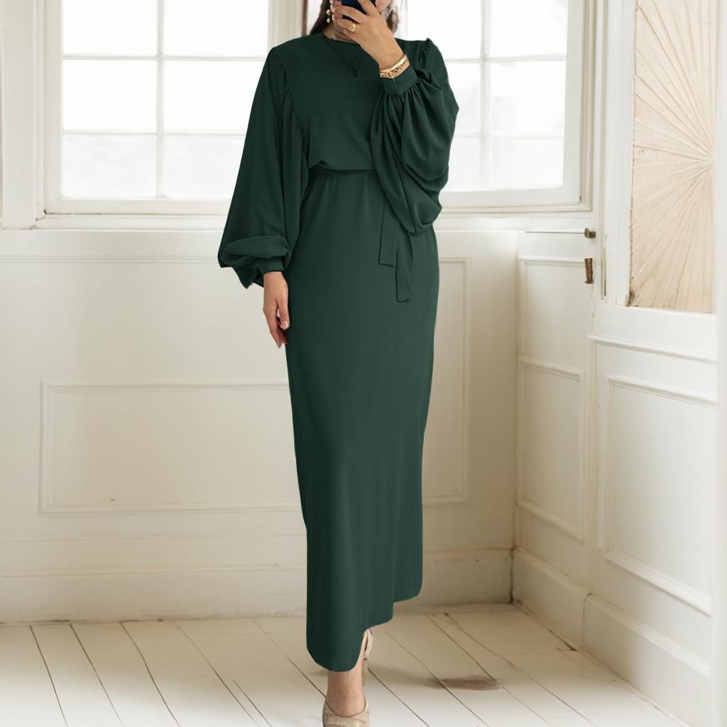 Vestido largo informal de manga larga holgado con cuello redondo para mujer