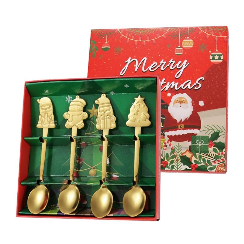 4Pcs Stainless Steel Christmas Coffee Spoons Christmas Trees Santa Tea Spoon Gingerbreads Man Dessert Drink Mixing Spoon