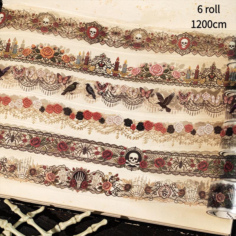 6 rolls/set, vintage gothic tape, lace elements, waterproof, scrapbook journal stickers, self adhesive 6 roll