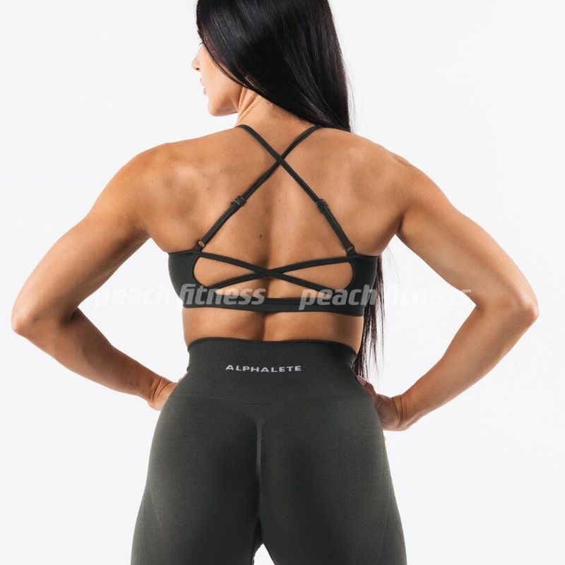 Alphalete Sports Bra Amplify Back Cross European and American Cross Thin Drawstring Fitness Yoga Vest S Military Green