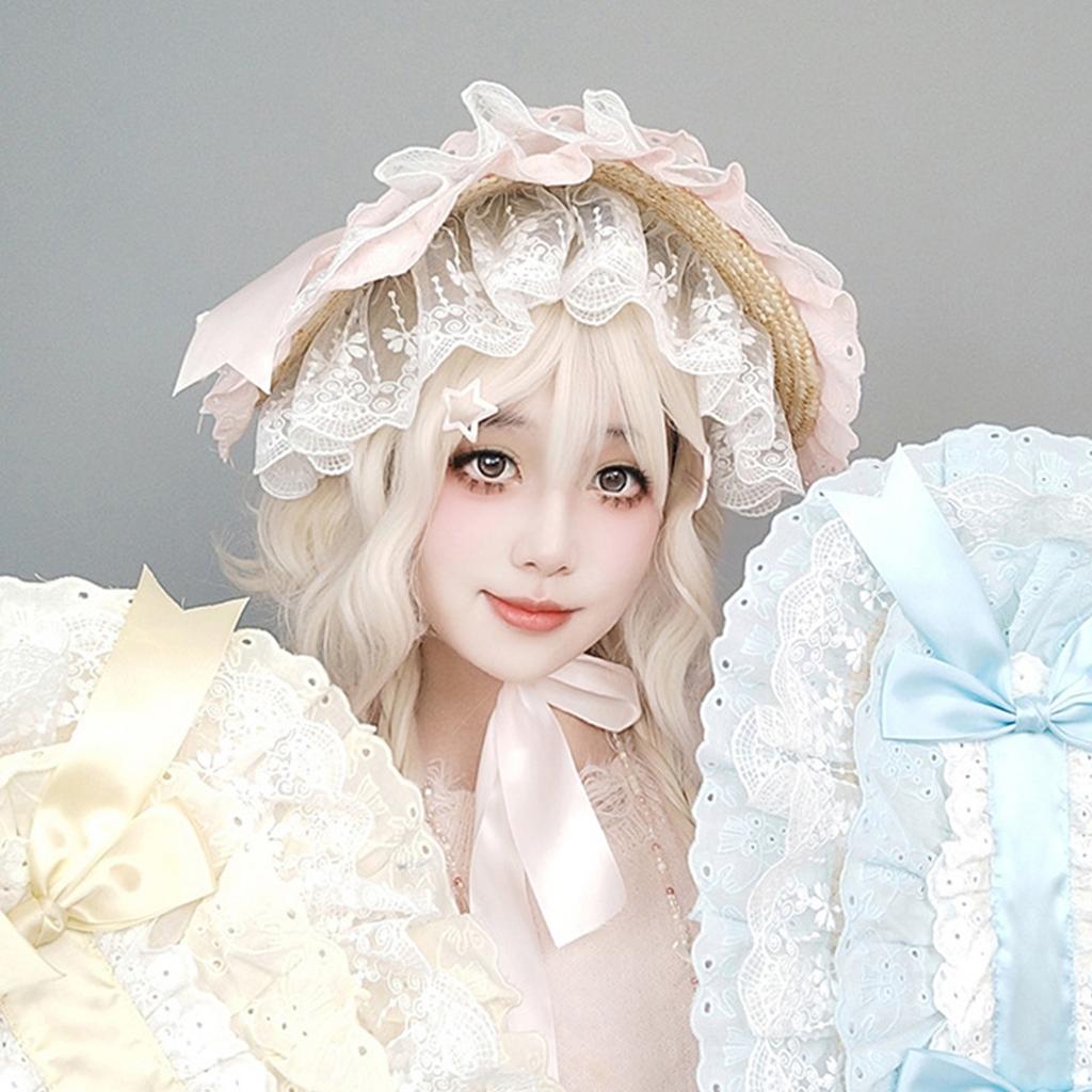 Elegant Straw Sun Hat For Women Garden Party Traditional Lace Bowknot Bonnet Hat for Theme Party Costume Accessories