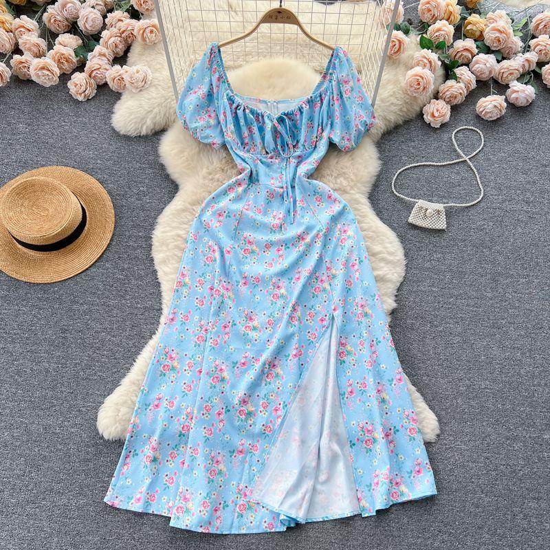 Puff Sleeves Summer Slimming Mori Style Split Dress