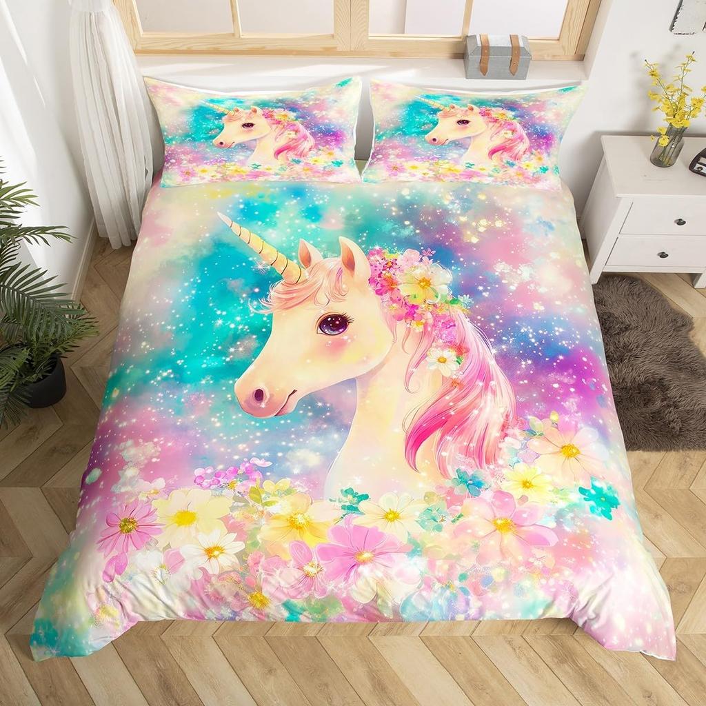 Einhorn Pferd Bettbezug Set Queen Size Träumerisches Regenbogen Bettwäsche 3 Teile Kinder Teenager Buntes Funkelndes Galaxie Set 2 Kissenbezüge