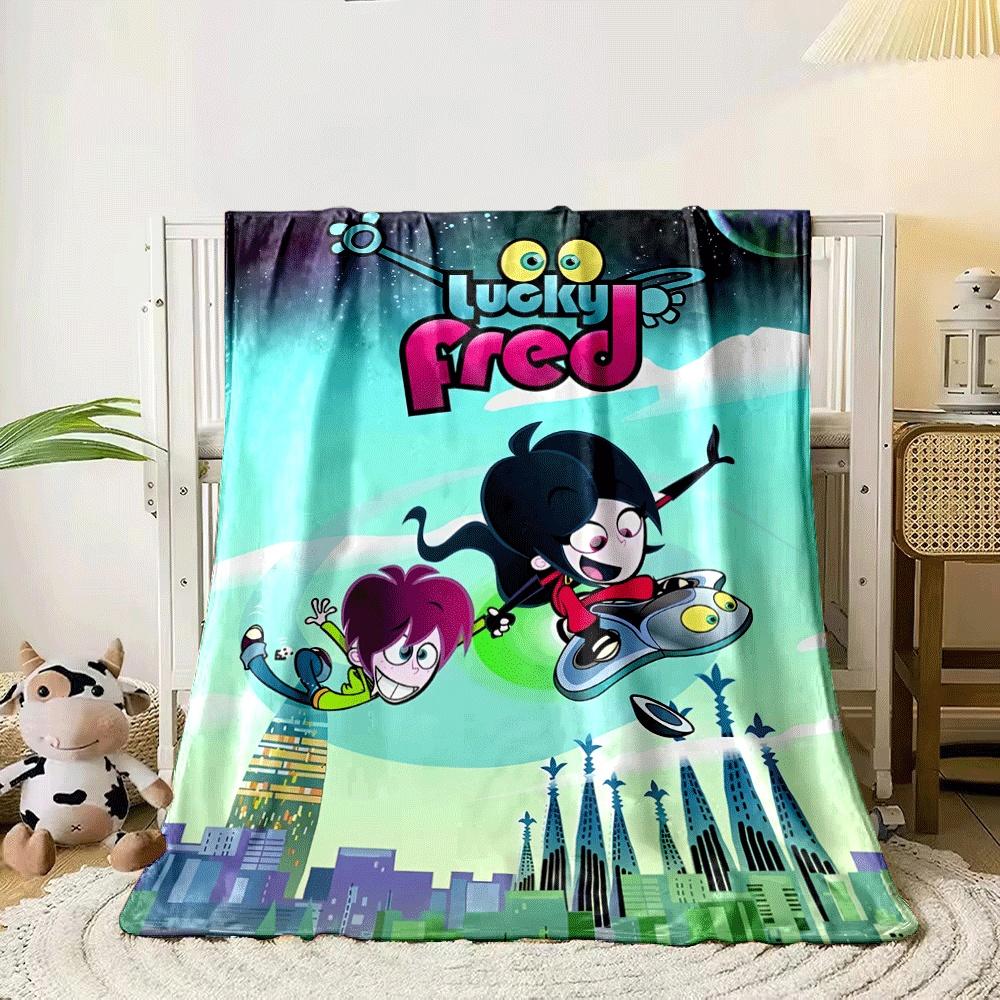 A vibrant cartoon scene with futuristic cityscape and characters flying. for all seasons blanket lunch break throw gift 80cm x 120cm
