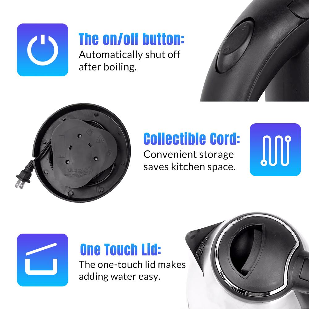 2.0L Hot Water Kettle Electric 1000W Stainless Steel Teapot with Auto Shut-Off Anti-Dry Design,Quick Boil for Hotel Family Trip