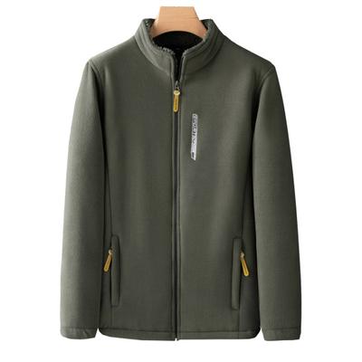 Men Autumn Winter Fleece Lining Jacket Stand Collar Long Sleeve Pockets Coat Solid Color Zipper Placket Outerwear