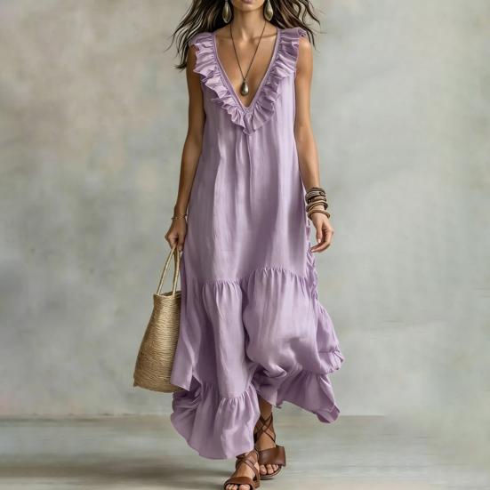 Women's Deep V Neck Ruffle Trim Maxi Dress, Sleeveless Loose Flowy Beach Sundress, Summer Casual Tiered Ruffle A-line Long Dress