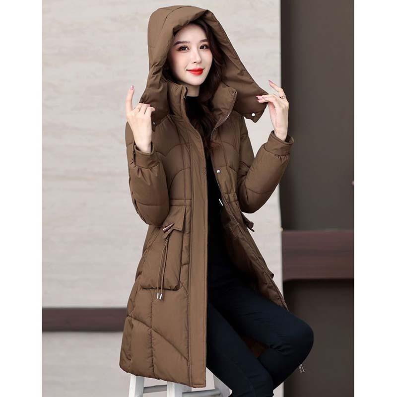 Winter Women Medium To Long Cotton Jacket Thickened Warm Casual Stand Collar Hooded Parker Coat Solid Color Warm Cotton Jacket