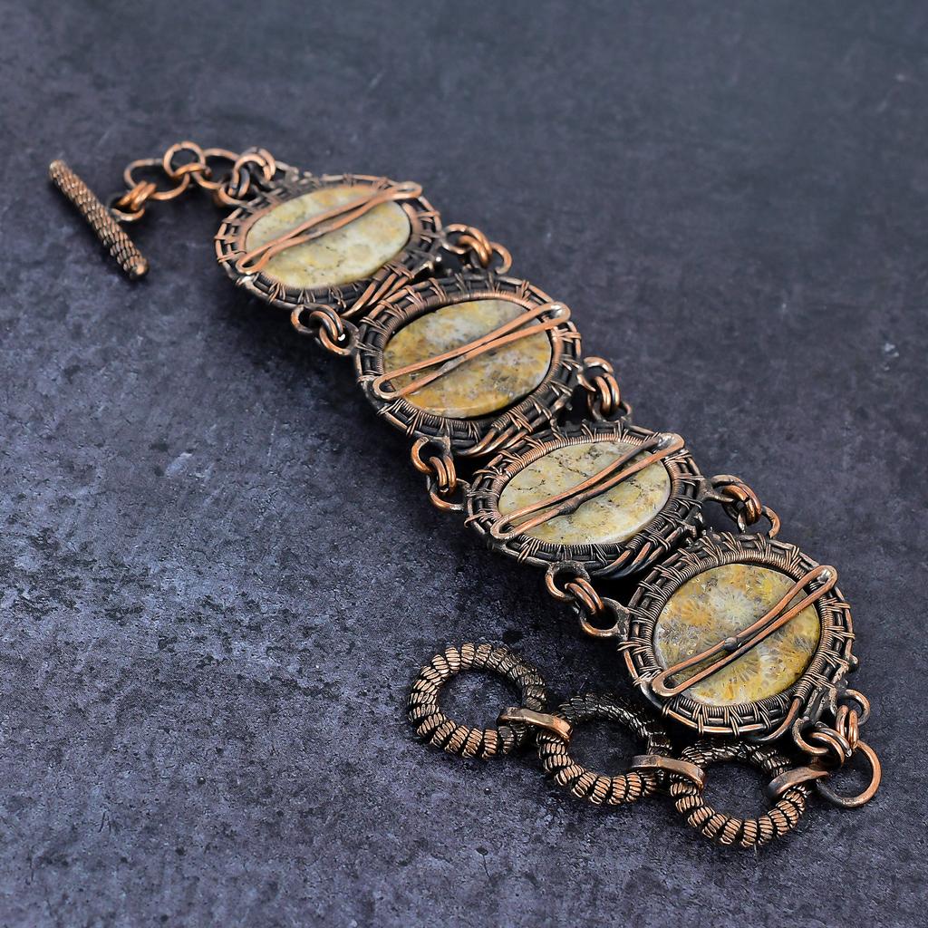 Natural Fossil Coral Gemstone Handmade Copper Wire Wrap Bracelet 7-8" K1u88