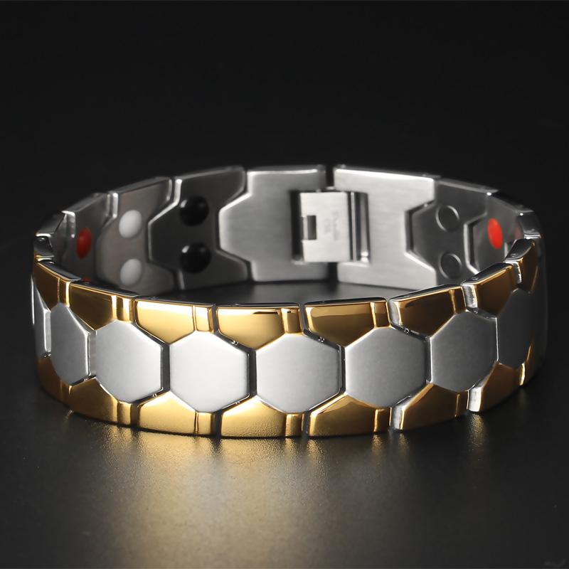 18MM Wide 4 In 1 Magnetic Therapy Man Bracelet For Pain Relief Indian Male Jewelry Gold Color Stainless Steel Men's Bracelets