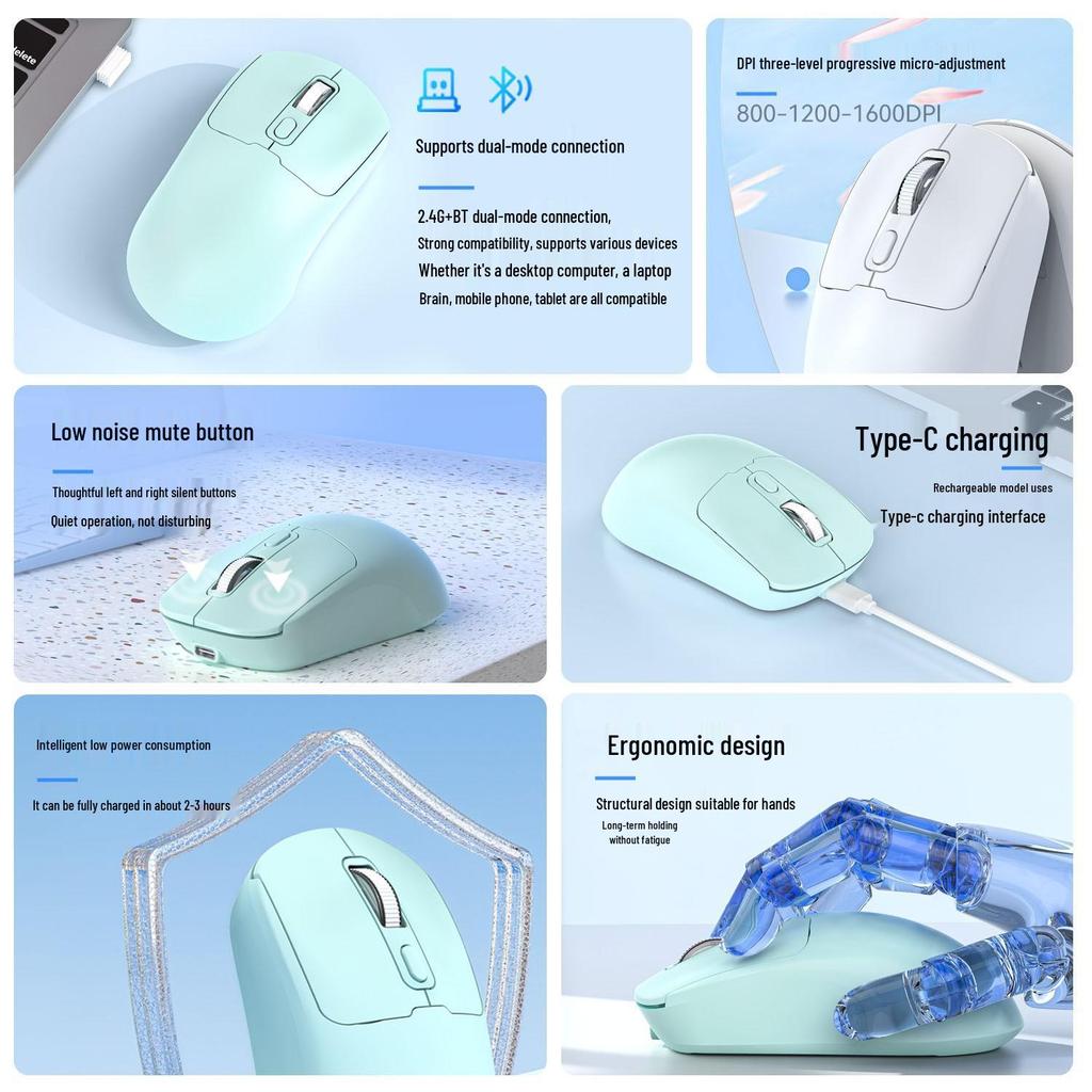 Rechargeable Silent Dual-Mode Bluetooth Wireless Mouse for Gaming and Office Use