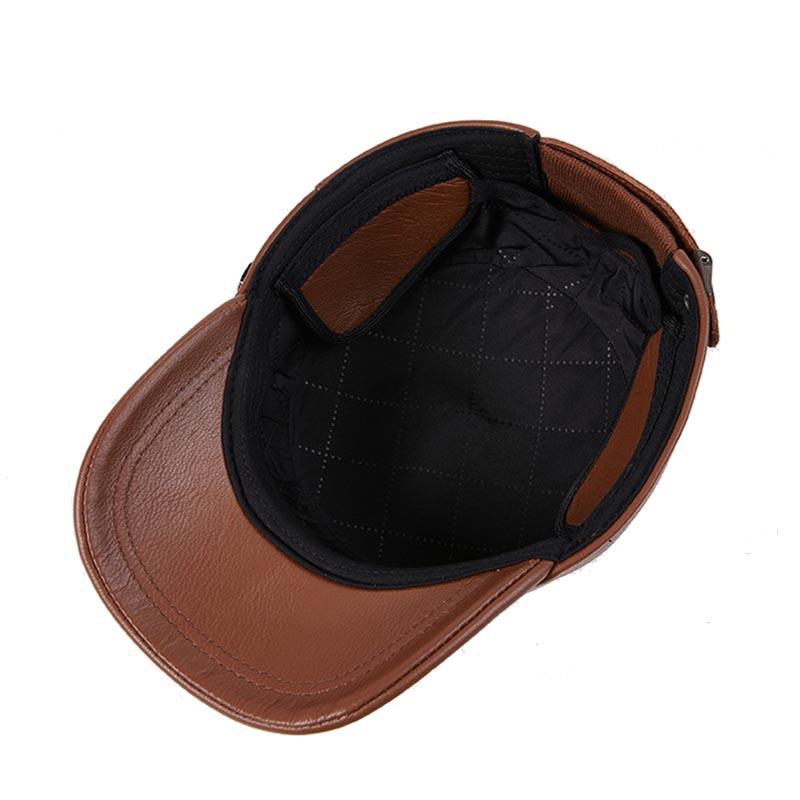 Flat Top Warm Winter Hat for Elderly Men Genuine Leather Dad Cap with Ear Flaps