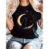 Himmlische Schlafkater Mond Sterne Grafik T-Shirt Damen Kurzarm Mystischer Nachthimmel Druck für den täglichen Gebrauch