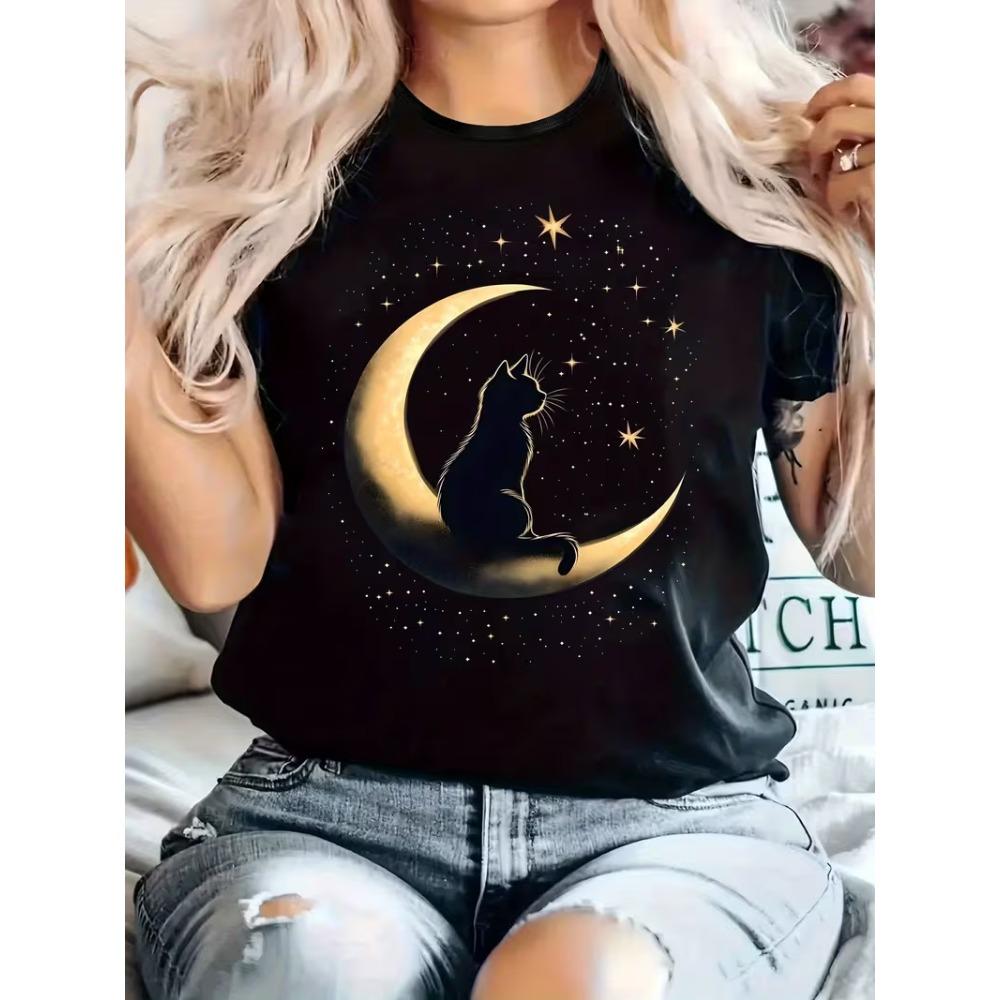 Himmlische Schlafkater Mond Sterne Grafik T-Shirt Damen Kurzarm Mystischer Nachthimmel Druck für den täglichen Gebrauch